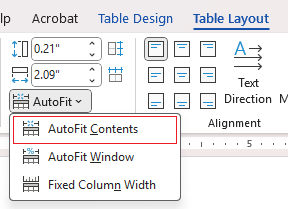 Autofit Contents option on ribbon in Word